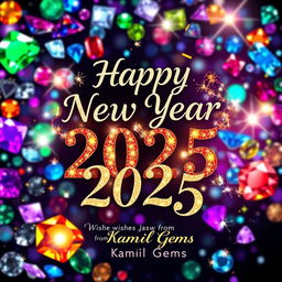 A vibrant and festive New Year 2025 poster featuring a sparkling gem background with various colorful gemstones such as sapphires, rubies, and emeralds integrated into the design