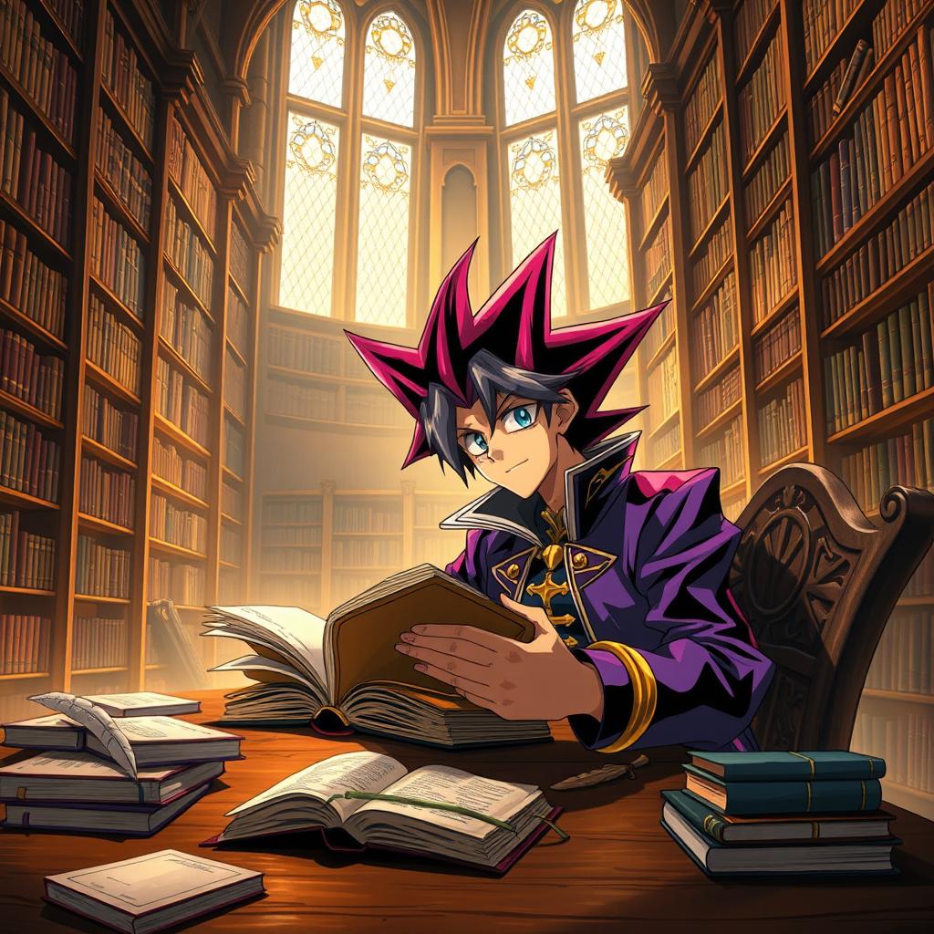 A scene depicting Yugi Muto, a character known for his iconic spiky and fluffy hair, sitting at a wooden table in a grand library filled with towering bookshelves