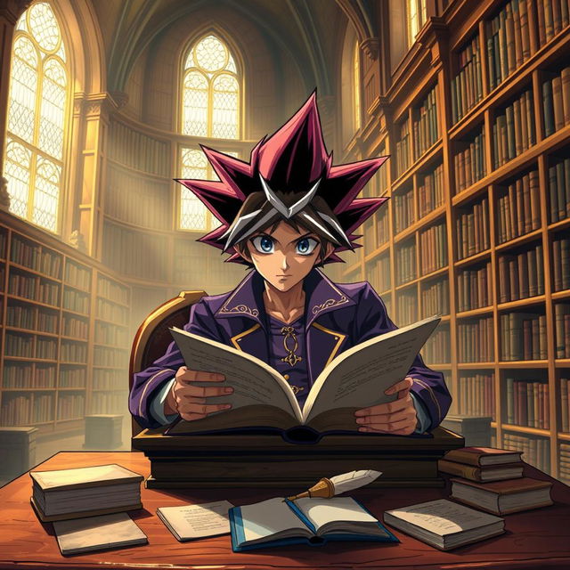 A scene depicting Yugi Muto, a character known for his iconic spiky and fluffy hair, sitting at a wooden table in a grand library filled with towering bookshelves