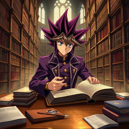 A scene depicting Yugi Muto, a character known for his iconic spiky and fluffy hair, sitting at a wooden table in a grand library filled with towering bookshelves