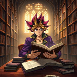 A scene depicting Yugi Muto, a character known for his iconic spiky and fluffy hair, sitting at a wooden table in a grand library filled with towering bookshelves