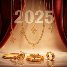 A stunning backdrop featuring elegant gold jewelry designed for the year 2025