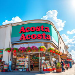 A detailed exterior view of a hardware store named 'Acosta', featuring a colorful storefront with the name prominently displayed in a bold font