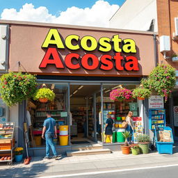 A detailed exterior view of a hardware store named 'Acosta', featuring a colorful storefront with the name prominently displayed in a bold font