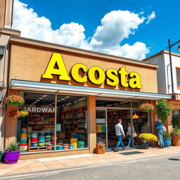 A detailed exterior view of a hardware store named 'Acosta', featuring a colorful storefront with the name prominently displayed in a bold font