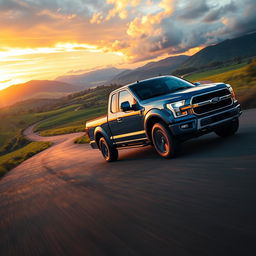 A dynamic and striking image of a Ford Maverick pickup truck racing down a winding country road
