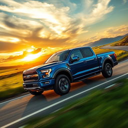 A dynamic and striking image of a Ford Maverick pickup truck racing down a winding country road