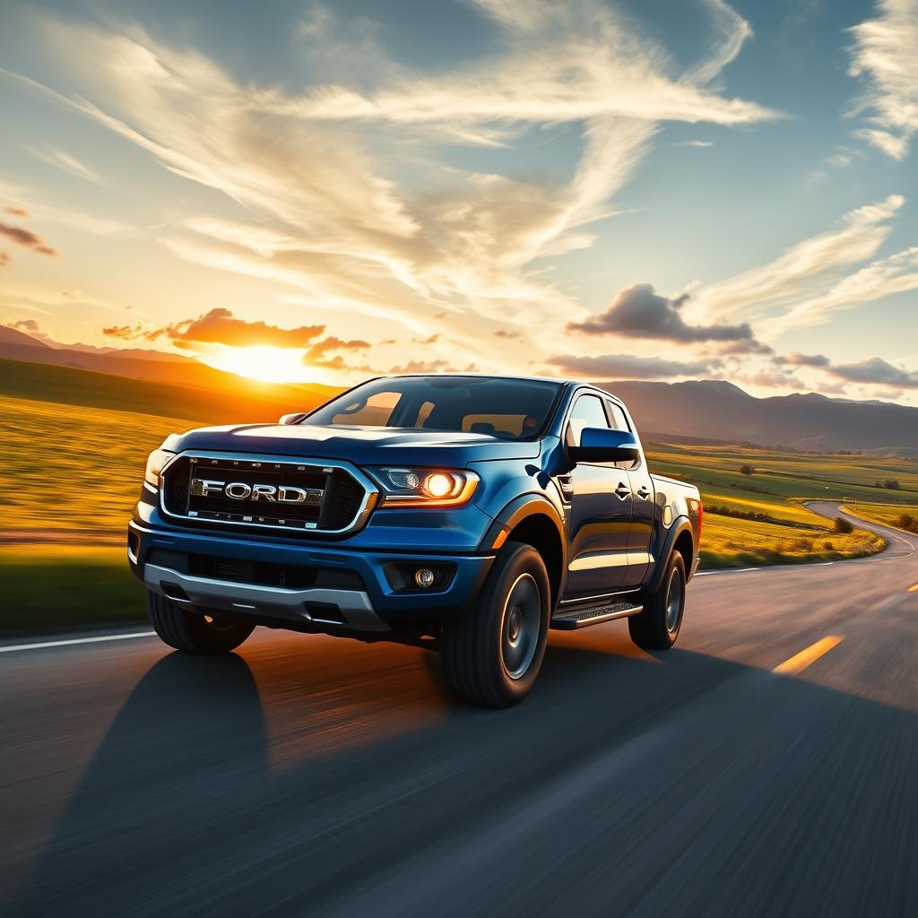 A dynamic and striking image of a Ford Maverick pickup truck racing down a winding country road