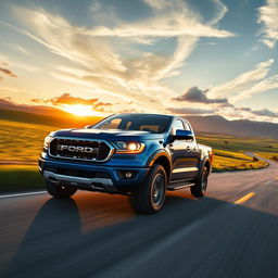 A dynamic and striking image of a Ford Maverick pickup truck racing down a winding country road