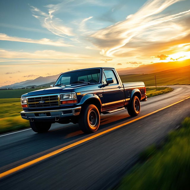 A dynamic and striking image of a Ford Maverick pickup truck racing down a winding country road