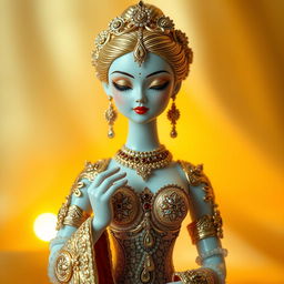 A finely detailed golden doll with intricate designs