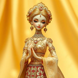 A finely detailed golden doll with intricate designs
