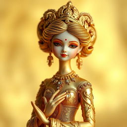 A finely detailed golden doll with intricate designs