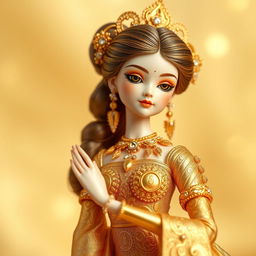 A finely detailed golden doll with intricate designs