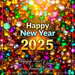 A vibrant New Year 2025 poster featuring a luxurious background filled with a variety of colorful, sparkling gems