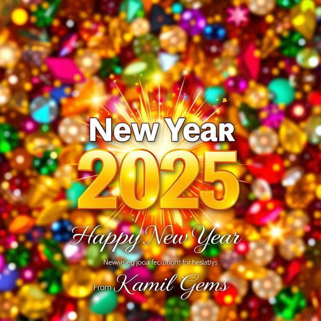 A vibrant New Year 2025 poster featuring a luxurious background filled with a variety of colorful, sparkling gems