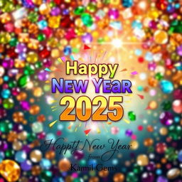 A vibrant New Year 2025 poster featuring a luxurious background filled with a variety of colorful, sparkling gems