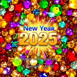 A vibrant New Year 2025 poster featuring a luxurious background filled with a variety of colorful, sparkling gems