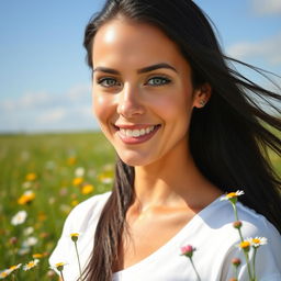 A portrait of a woman with smooth, even-toned skin, long flowing black hair, and bright blue eyes