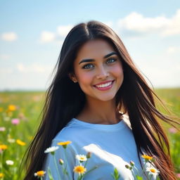 A portrait of a woman with smooth, even-toned skin, long flowing black hair, and bright blue eyes