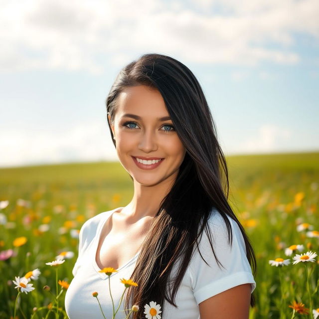 A portrait of a woman with smooth, even-toned skin, long flowing black hair, and bright blue eyes