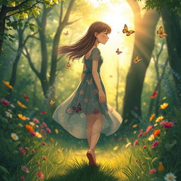 A girl walking backward gracefully through a lush forest, her hair flowing elegantly behind her