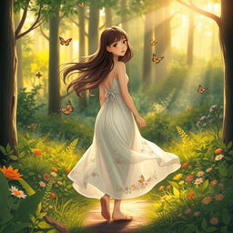 A girl walking backward gracefully through a lush forest, her hair flowing elegantly behind her