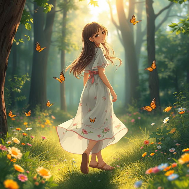 A girl walking backward gracefully through a lush forest, her hair flowing elegantly behind her