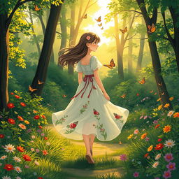 A girl walking backward gracefully through a lush forest, her hair flowing elegantly behind her