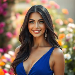 A stunningly beautiful woman with long, luscious eyelashes, vibrant green eyes, and a radiant smile