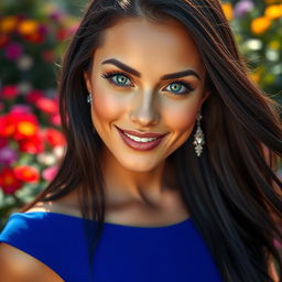 A stunningly beautiful woman with long, luscious eyelashes, vibrant green eyes, and a radiant smile