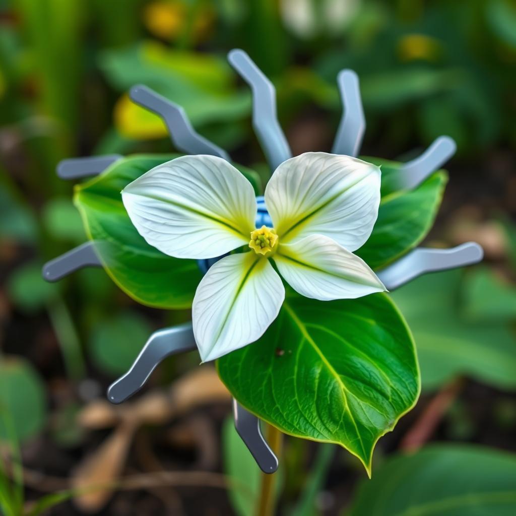 A stunning and surreal image depicting a vibrant trillium flower seamlessly merged with a spinning mower blade