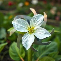 A stunning and surreal image depicting a vibrant trillium flower seamlessly merged with a spinning mower blade