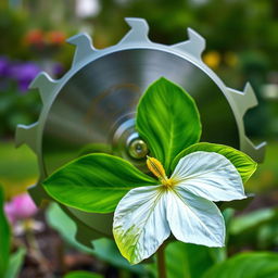 A stunning and surreal image depicting a vibrant trillium flower seamlessly merged with a spinning mower blade