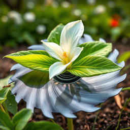 A stunning and surreal image depicting a vibrant trillium flower seamlessly merged with a spinning mower blade