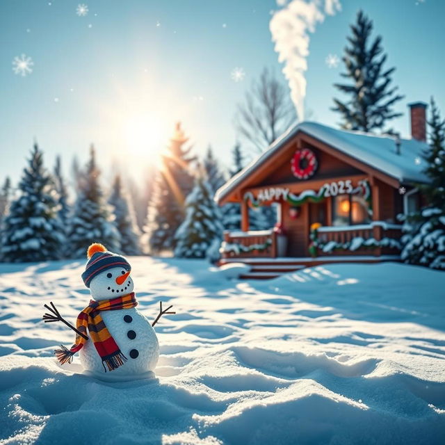 A beautiful winter morning scene celebrating New Year 2025, featuring a serene landscape covered in fresh, sparkling snow