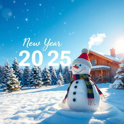 A beautiful winter morning scene celebrating New Year 2025, featuring a serene landscape covered in fresh, sparkling snow