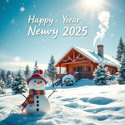 A beautiful winter morning scene celebrating New Year 2025, featuring a serene landscape covered in fresh, sparkling snow