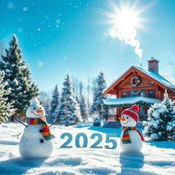 A beautiful winter morning scene celebrating New Year 2025, featuring a serene landscape covered in fresh, sparkling snow