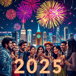 A vibrant and festive New Year celebration scene in 2025, featuring colorful fireworks illuminating the night sky