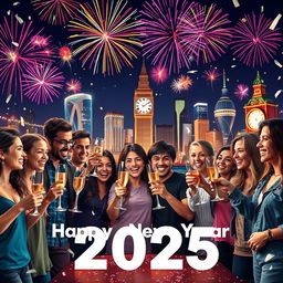 A vibrant and festive New Year celebration scene in 2025, featuring colorful fireworks illuminating the night sky