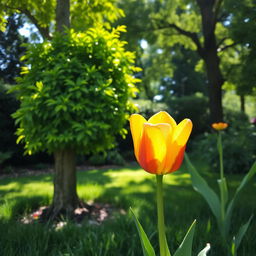 A vibrant green tree standing tall, with lush foliage and a broad trunk, next to a bright and lively tulip flower in full bloom, showcasing its vivid colors and delicate petals