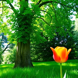 A vibrant green tree standing tall, with lush foliage and a broad trunk, next to a bright and lively tulip flower in full bloom, showcasing its vivid colors and delicate petals