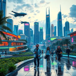 A vibrant futuristic cityscape in the year 2025, showcasing stunning skyscrapers with innovative architecture, flying cars zooming through the sky, and lush green parks integrated into the urban environment
