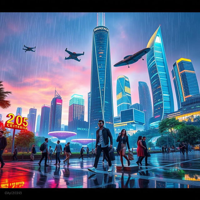 A vibrant futuristic cityscape in the year 2025, showcasing stunning skyscrapers with innovative architecture, flying cars zooming through the sky, and lush green parks integrated into the urban environment