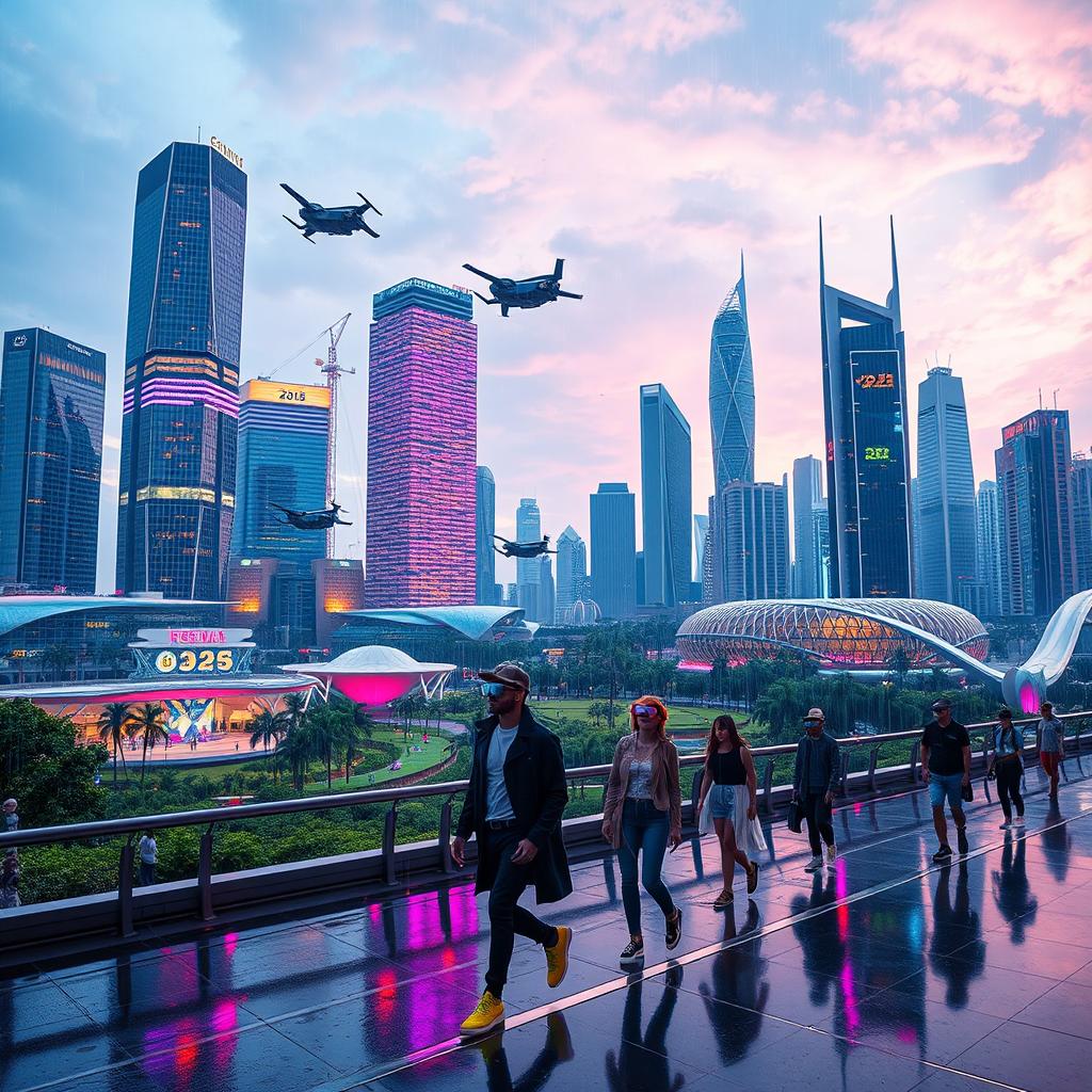 A vibrant futuristic cityscape in the year 2025, showcasing stunning skyscrapers with innovative architecture, flying cars zooming through the sky, and lush green parks integrated into the urban environment