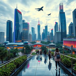 A vibrant futuristic cityscape in the year 2025, showcasing stunning skyscrapers with innovative architecture, flying cars zooming through the sky, and lush green parks integrated into the urban environment