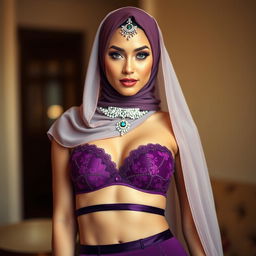 A stunning woman wearing an elegant hijab adorned with beautiful jewels, showcasing a luxurious style