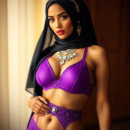 A stunning woman wearing an elegant hijab adorned with beautiful jewels, showcasing a luxurious style