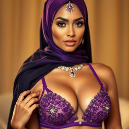 A stunning woman wearing an elegant hijab adorned with beautiful jewels, showcasing a luxurious style